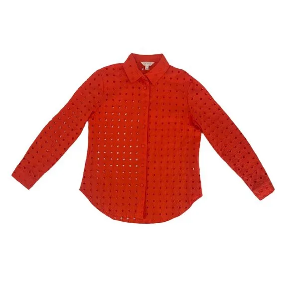 🍊 Adiva Orange Eyelet Button Down Blouse Embroidered Cutout S 🍊 - Picture 5 of 8